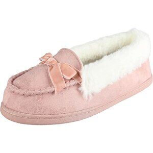 Women's Light Pink Bow Faux Fur Collar Pull On Plush Lining Slipper Boot Shoes